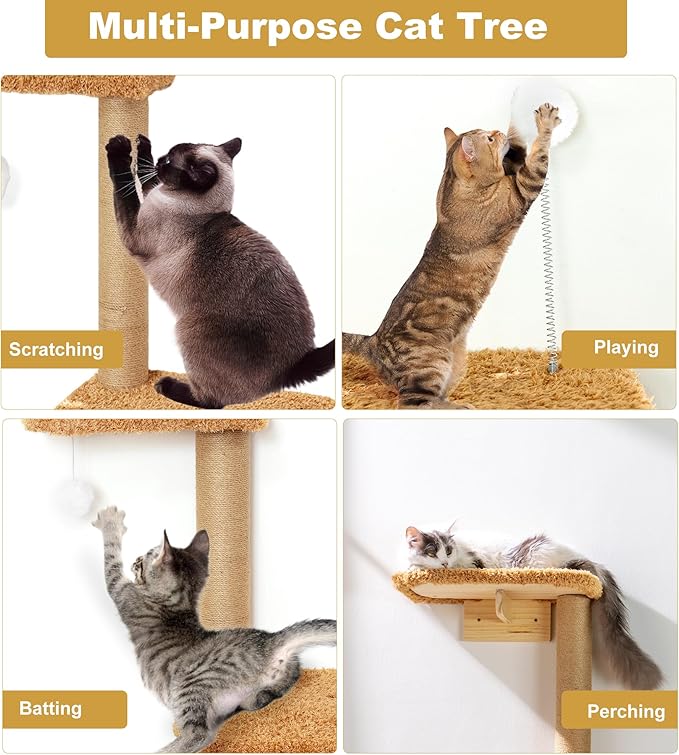Brown Wall Mounted Cat Wall Climber & Tree for Kittens, 4 Platform Cat Shelves with Brown Plush Cushions, Floating Furniture for Climbing, Lounging, Scratching – 49” Tall