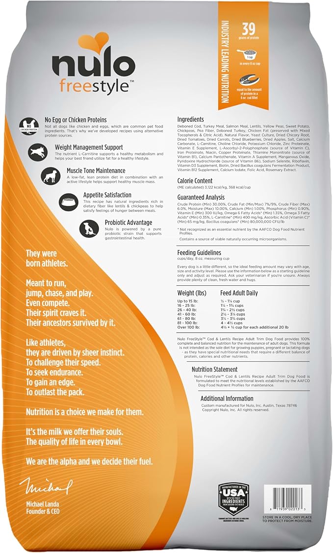 Nulo Freestyle Adult Trim Formula Dry Dog Food, Grain-Free Dog Kibble, Helps Promote Weight Management, With Healthy Digestive Aid BC30 Probiotic and L-Carnitine 26 Pound (Pack of 1)