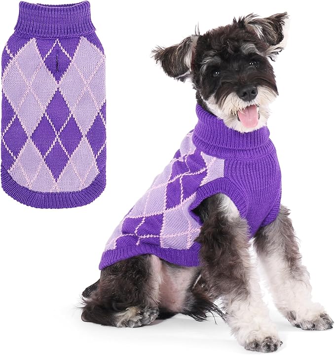 KOOLTAIL Small Dog Sweater, Knit Turtleneck Cold Weather Dog Sweaters for Medium Large Dogs,Soft Diamond Plaid Pullover Knitwear Pet Winter Warm Clothes,Pet Coat Puppy Sweater for Girls Boys,Purple S