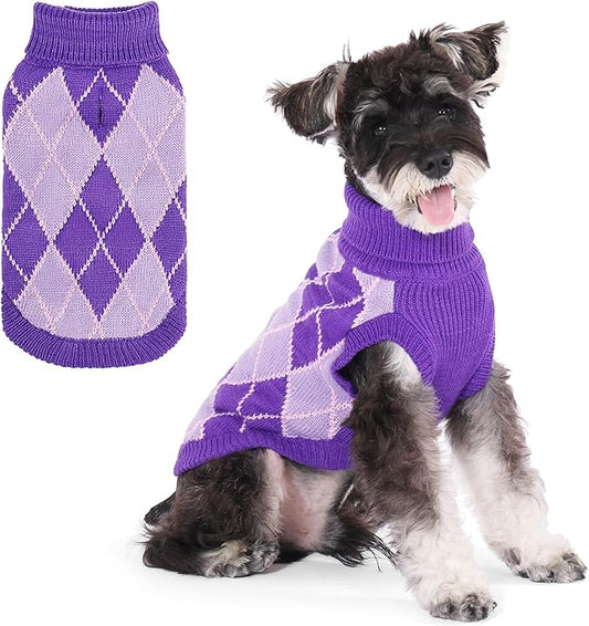 KOOLTAIL Small Dog Sweater, Knit Turtleneck Cold Weather Dog Sweaters for Medium Large Dogs,Soft Diamond Plaid Pullover Knitwear Pet Winter Warm Clothes,Pet Coat Puppy Sweater for Girls Boys,Purple M