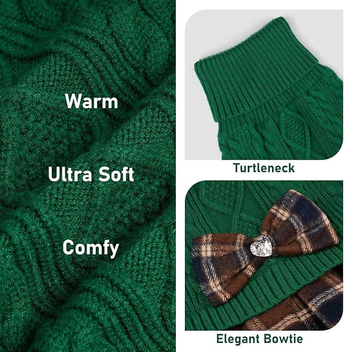 KYEESE Dog Sweater Warm Puppy Sweater Dress Soft Pullover Pet Coats Stretchy Knitwear Dog Sweaters for Small Dogs Male Thick Dogs Clothes with Bowtie Comfy Turtleneck Cat Sweaters, Green, X-Small