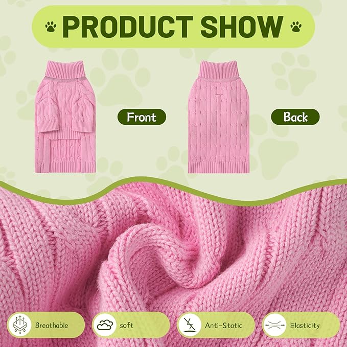 Small Dog Thermal Pullover Sweater, Classic Turtleneck Cable Knitwear Dog Clothes for Cold Weather Warm Pet Clothes for Chihuahua, Bulldog, Dachshund, Pug Pink Large