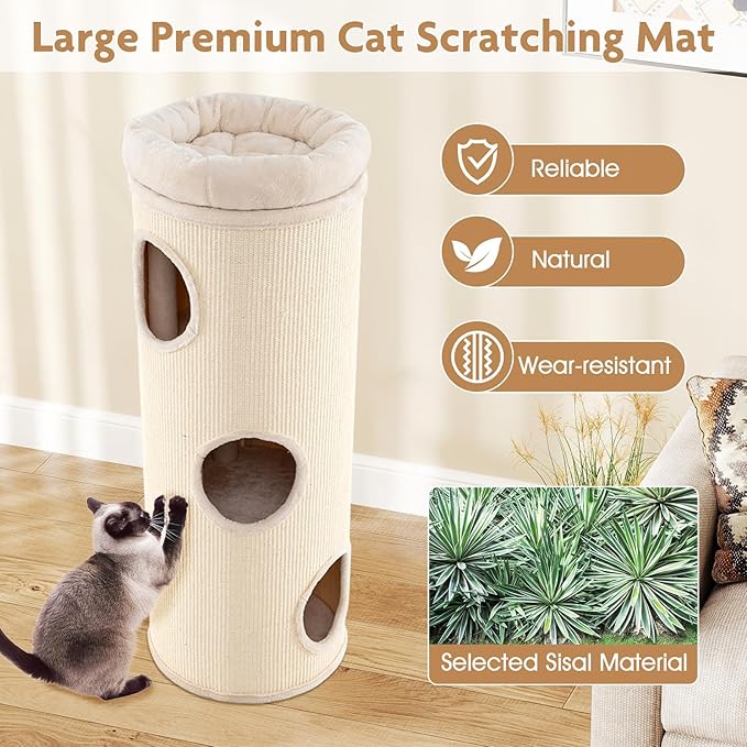 Tangkula 4 Story Cat Tree Condo, 49” Barrel-Shaped Cat House with Detachable Sisal Scratching Board, 3 Hideaways & Removable Soft Top Plush Bed, Interior Bamboo Mat, Modern Cat Tower for Indoor Cats