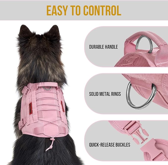 OneTigris Tactical Dog Harness Vest,No-Pull Service Dog Vest with Hook & Loop Panels,Adjustable Dog Vest Harness for Walking Hiking Training(Pink,XXS)