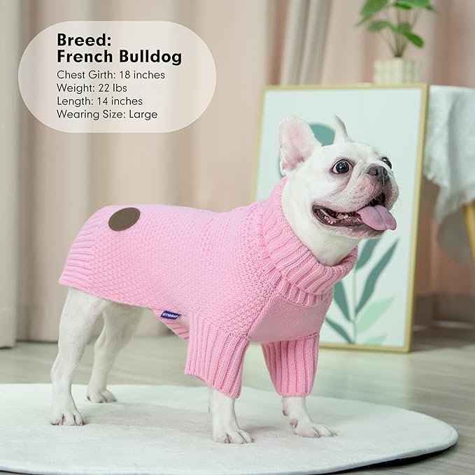 cyeollo Dog Sweater Warm Turtleneck Knitwear Pullover Sweaters with Leash Hole Soft Winter Dog Clothes Sweaters for Dogs,Pink, L