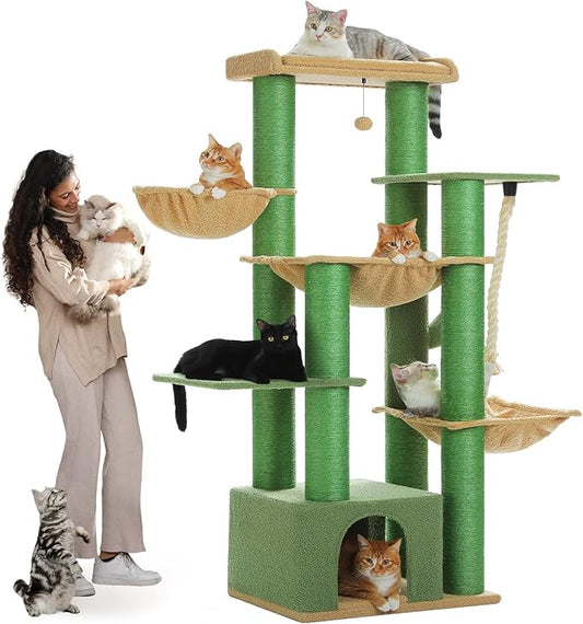 Cactus Cat Tree for Large Indoor Cats – 67" Tall Cat Tower with 13 Thick (φ4.3in) Scratching Posts, Spacious Top Bed, Metal Frame & Cozy Hammocks, Ideal for Maine Coon (Up to 20 lbs) - Green