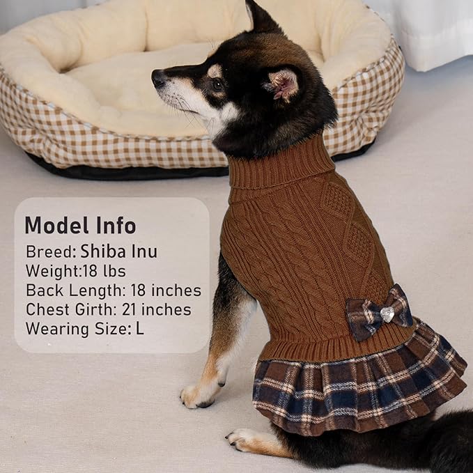 KYEESE Dog Sweater Comfy Dogs Clothes with Bowtie Thick Dog Sweaters for Small Dogs Male Warm Pullover Pet Coats Soft Turtleneck Cat Sweaters Stretchy Knitwear Pet Sweater Dress, Brown, Small