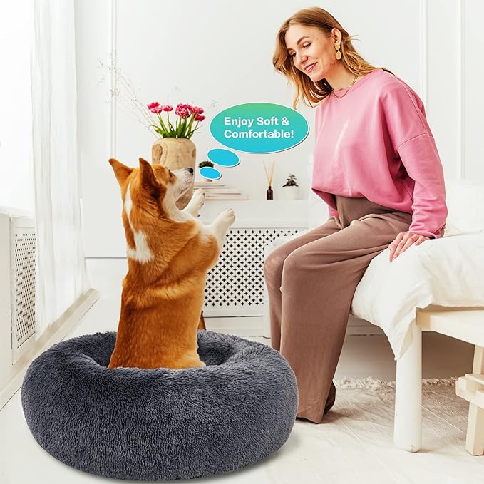 SAVFOX Plush Calming Dog Beds, Donut Dog Bed for Small Dogs, Medium, Large & X-Large, Comfy Cuddler Dog Bed and Cat Bed in Faux Fur, Washable Dog Bed, Multiple Sizes XS-XXL
