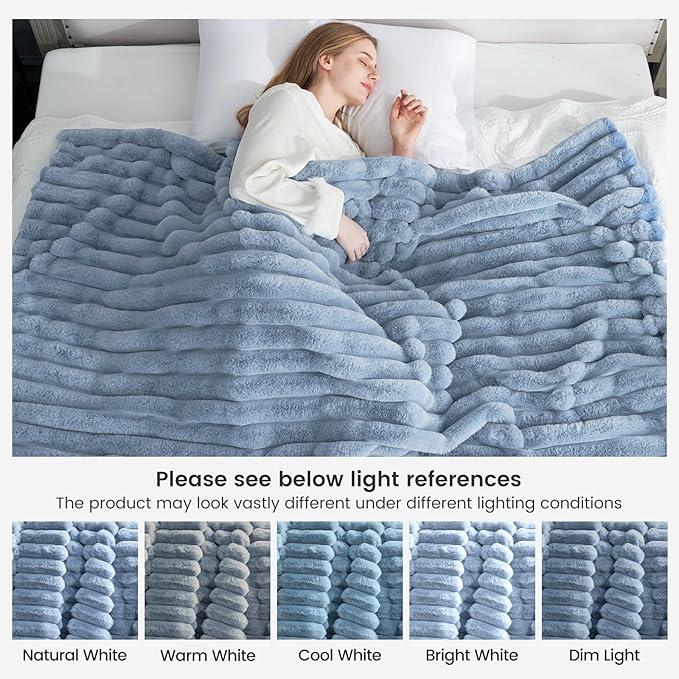Cozy Bliss Faux Fur Throw Blanket for Couch, Cozy Warm Plush Striped Blanket for Sofa Bedroom Living Room, 60 * 80 Inches Light Blue