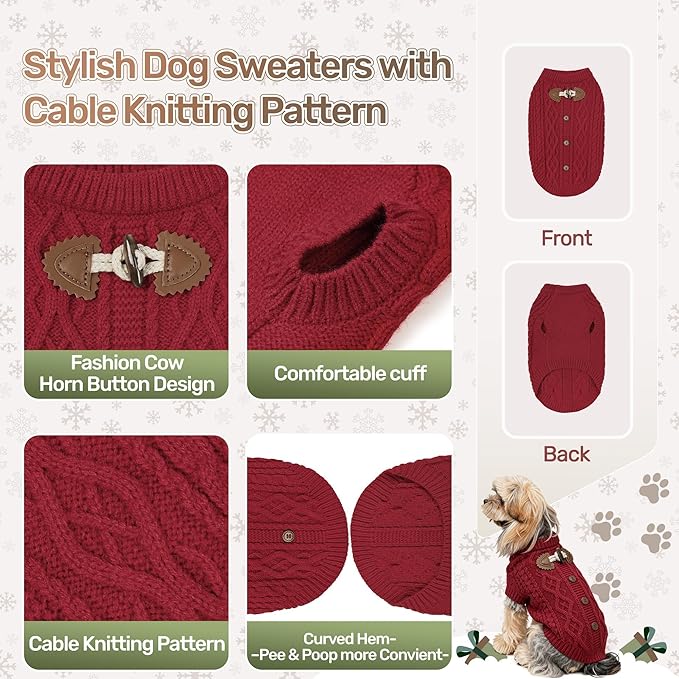 WOYYHO Cozy Pullover Dog Sweaters for Small Dogs, Cable Knit with Cow Horn Buttons, Warm Round Neck Winter Clothes for Puppy Chihuahua Yorkie, Red M