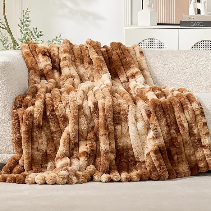 Cozy Bliss Faux Fur Throw Blanket for Couch, Cozy Warm Plush Striped Blanket for Sofa Bedroom Living Room, 90 * 90 Inches Tie-dye Brown