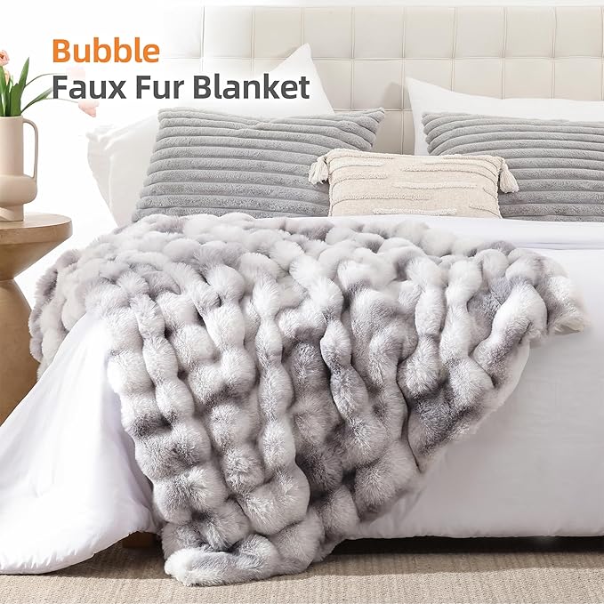 Smoofy Faux Fur Throw Blanket for Couch Rabbit Fleece - Tie-dye Grey Fluffy Blanket for Sofa Bedroom Living Room, Cozy Soft Plush Luxury Thick Winter Fuzzy Comfy Bubble Blanket - 60" x 80"