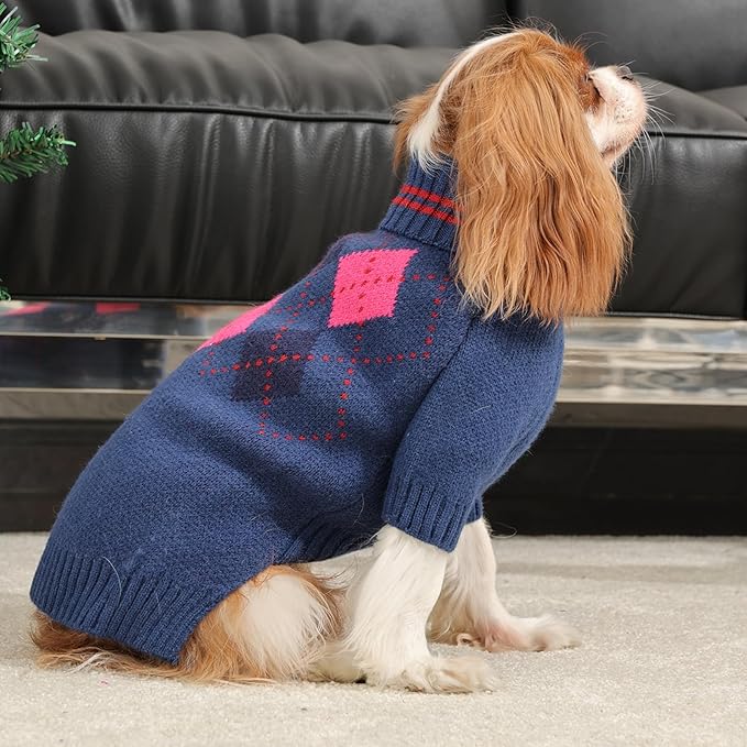 Boy Dog Sweater, Dog Sweaters for Medium Dogs Boy, Winter Warm Pullover, Turtleneck Knit Dog Christmas Sweater with Sleeves, Soft Stretchy Knitwear for Cold Weather, Holidays - Blue M
