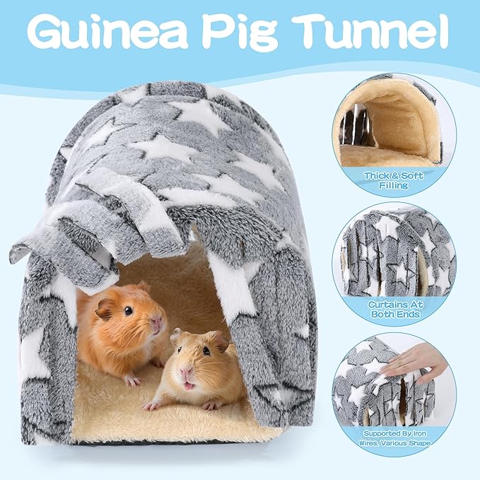 MABOZOO 3 Pack Guinea Pig House Accessories, Washable 2 Guinea Pig House and Hideout Tunnel with Curtains, Chinchilla Hideout for Hamster, Rabbit, Bunny, Chinchillas (Gray-Star)