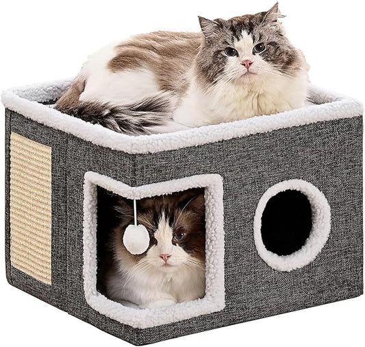 Cat Beds for Indoor Cats, Large Cat Cave with Fluffy Ball and Scratch Pad, Foldable Cat Scratch House with Hideaway Condo for Kitten,16x16x13inch,Grey