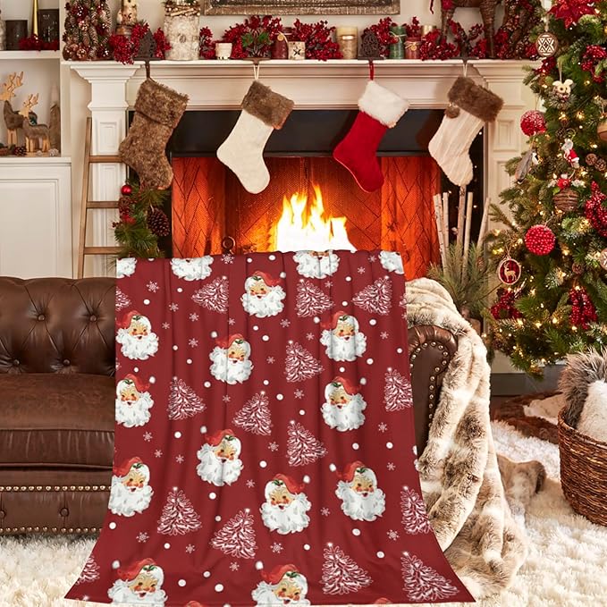 Christmas Santa Claus Throw Blankets, Xmas Soft Lightweight Anti Pilling Aldult Fleece Blanket for Women, 60x80 Inches Winter Tree Snowflake Red Decorative Blanket for Chair Couch Living Bedroomn