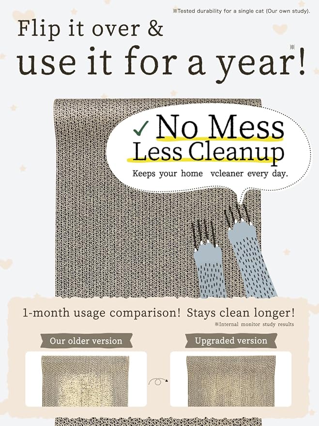 NyankonoYado No Mess & 1-Year Durable Cat Scratcher, Cardboard Scratch pad Bed Vet-Approved, Extra-Wide Reversible Cardboard, High Durability & Low Debris, for Large or Overweight Cats, Indoor