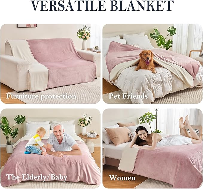 Waterproof Blanket 60"x80" for Adults, Reversible Waterproof Bed Cover for Dogs Cats Pets, Soft Leakproof Blanket for Bed Couch Sofa Furniture Protector, Dusty Pink/Off White