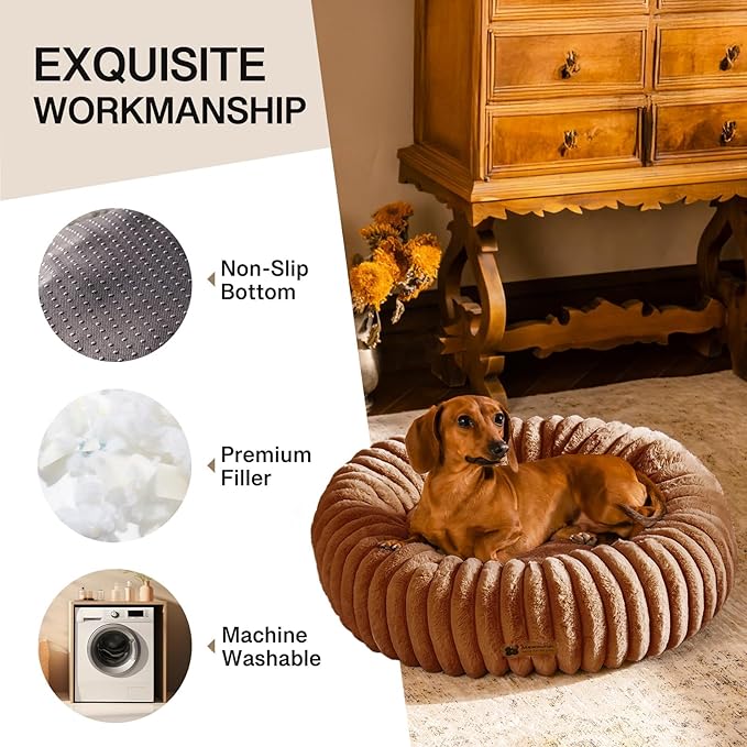 MEWOOFUN Donut Dog Beds for Small Dog, Calming Bed Round Cute Puppy Bed with Non-Slip Bottom, Fluffy Washable Pet Bed for Puppy and Kitten (Dark Brown, XS (20x20x6))