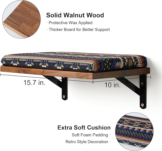 FUKUMARU Floating Wall Shelf with Cat Faux Lamb Mat, 0.79 Inch Thick Solid Rubber Wood Hanging Shelves, 15.7 x 10 Inch (Walnut Shelf with Kitten Memory Foam Pad)