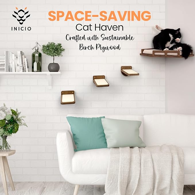 INICIO Cat Wall Shelves - Modern and Durable 3 Step Cat Furniture for Wall - Stylish Birch Floating Shelf for Cats up to 15lbs - Wooden Corner Shelves with Cushioned Perch - Brown