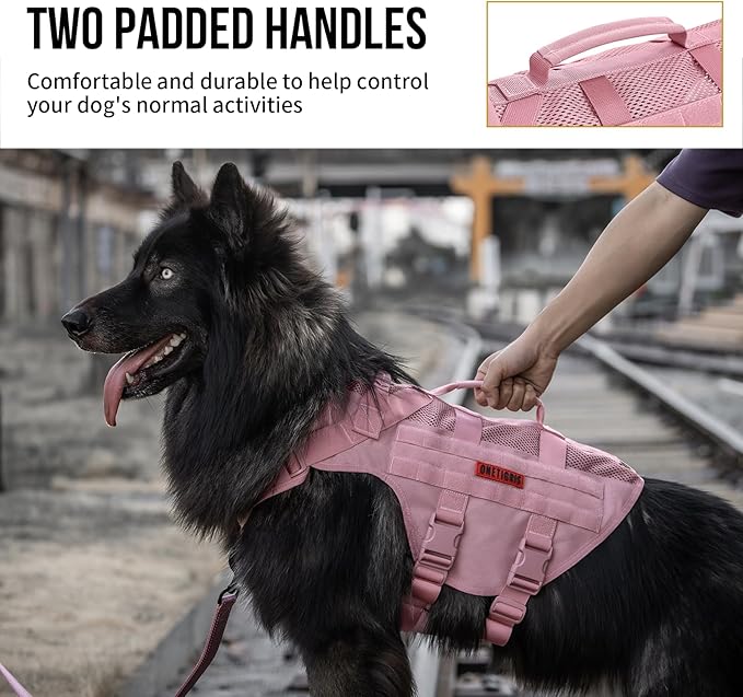OneTigris Tactical Dog Harness for Small Dogs, No Pull Small Dog Vest Harness with Handles Breathable Military Dogs Molle Vests, Walking Hiking Training (Pink, X-Large)