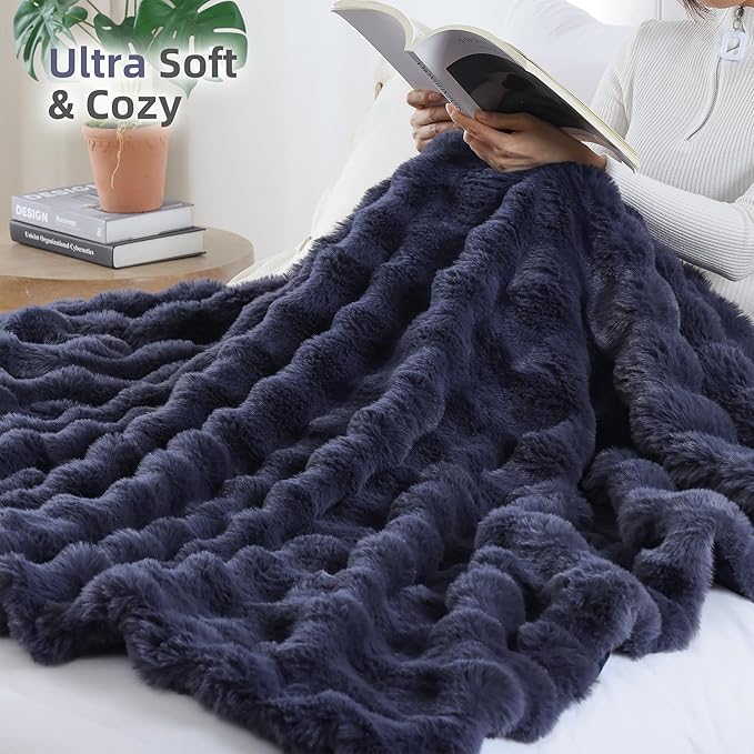Smoofy Faux Fur Throw Blanket for Couch – Navy Blue Fluffy Cozy Rabbit Fleece, Plush Soft Bubble Blanket for Sofa & Bed, for Mom, Warm Fuzzy Home Room Decor Throw 50" x 60"