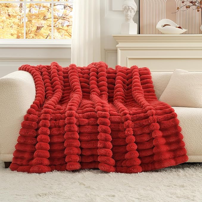 Cozy Bliss Faux Fur Throw Blanket for Couch, Cozy Warm Plush Striped Blanket for Sofa Bedroom Living Room, 60 * 80 Inches Cardinal Red