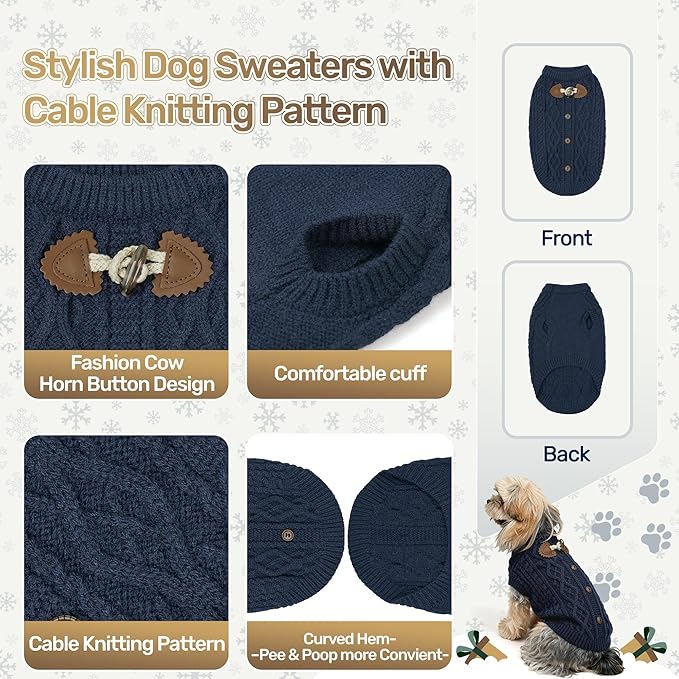 WOYYHO Dog Sweater for Small Dogs, Cable Knit Pullover with Cow Horn Button, Warm Round Neck Winter Knitted Clothes for Puppy Chihuahua Yorkie Dachshund, Navy Blue S