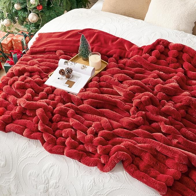 Cozy Bliss Faux Fur Throw Blanket for Couch, Cozy Warm Plush Striped Blanket for Sofa Bedroom Living Room, 50 * 60 Inches Cardinal Red