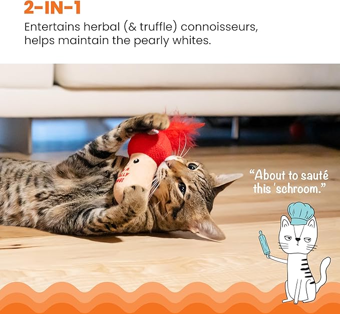 Catstages A Really Fungi Cat Kicker Toy with Catnip and Dental Mesh, Mushroom Shape, Plush and Feather Cat Toy for Kicking, Tossing, and Teeth Cleaning, Red