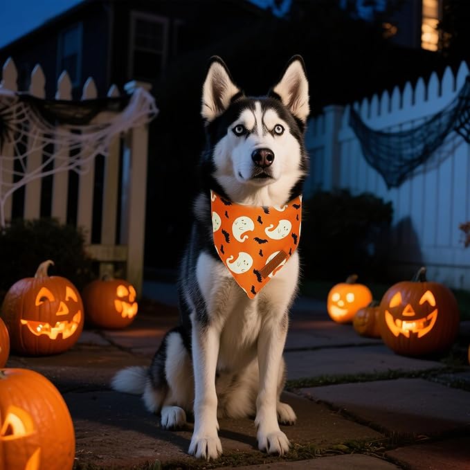 Realeaf Halloween Dog Bandanas 2 Pack, Spider Web Ghosts Bibs, Triangle Reversible Fall Pet Scarf, Premium Durable Fabric, Adjustable Fit (Halloween, Large)
