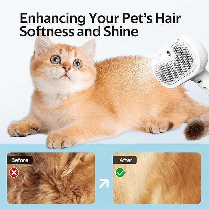 Pet Grooming Brush with Electronic Mist Spray - Gentle Deshedding Tool for Cats & Dogs, Pet Steam Brush，Reduces Shedding, Soft Bristles, Promotes Healthy Coat-Comes with a hair smoothing comb-White