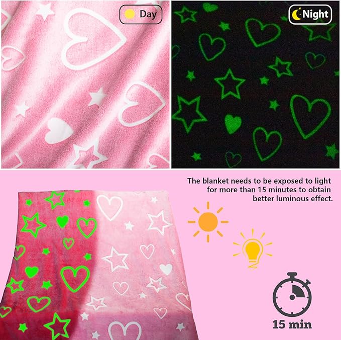Halloween Glow in The Dark Pink Cute Love Throw Blanket with Storage Bag, Soft Throw Blanket, Girls Blanket, Gifts for Children Ages 1-10, Kids Blanket, Day Care Home Office Travel Use Christmas, Pink