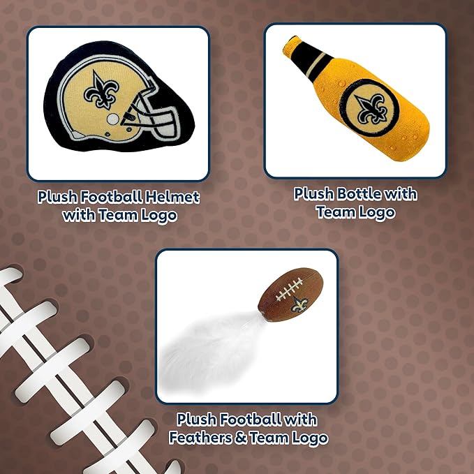 BEST PLUSH CAT TOY: NFL NEW ORLEANS SAINTS Complete Set of 3 piece Cat Toys filled with Fresh Catnip. Includes: 1 Helmet Cat Toy, 1 Football Cat Toy with Feathers & 1 Beer Bottle. Beautiful Team LOGOS