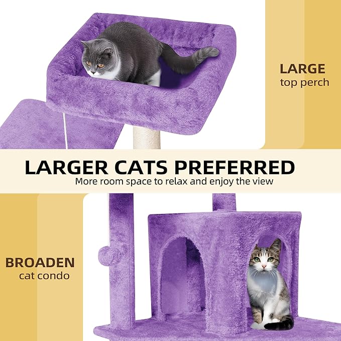 Cat Tree 54-Inch Cat Tower with Padded Plush Perch 2 Comfy Caves, Scratching Posts, Basket, 2 Pompoms, Multi-Level Plush Cat Condo for Indoor Cats Kittens, Purple
