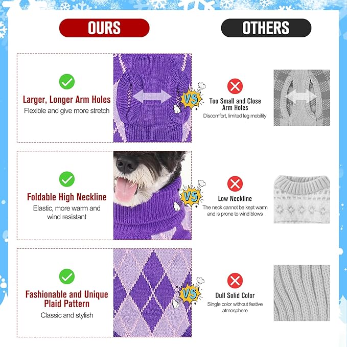 KOOLTAIL Small Dog Sweater, Knit Turtleneck Cold Weather Dog Sweaters for Medium Large Dogs,Soft Diamond Plaid Pullover Knitwear Pet Winter Warm Clothes,Pet Coat Puppy Sweater for Girls Boys,Purple M