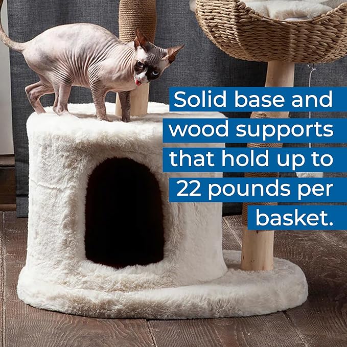 Habitat Haven The Bungalow Cat Tree - Luxury Cat Condo, Large Modern Indoor Tower with 2 Faux Fur Beds, Scratching Posts, Toys, and Den for Cats, 23.5-Inch Width x 18-Inch Depth x 43-Inch Height