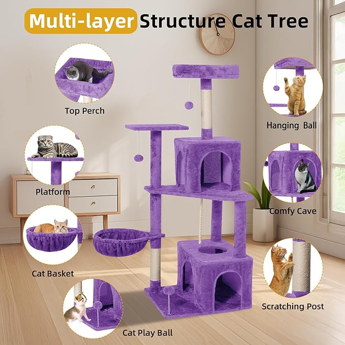 Cat Tree, 54-Inch Cat Tower for Indoor Cats,Plush Multi-Level Cat Condo with Scratching Posts, Basket, Perches,2 Caves,2 Pompoms(Purple)