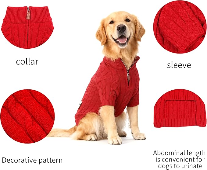 Medium/Large Dog Sweater, Warm Dog Winter Coat w/Sleeves, Comfortable High Neck Premium Dog Clothes for Golden Retriever-Best for Holidays, Daily Walks XXL Red