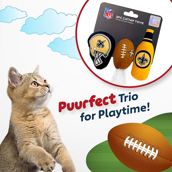 BEST PLUSH CAT TOY: NFL NEW ORLEANS SAINTS Complete Set of 3 piece Cat Toys filled with Fresh Catnip. Includes: 1 Helmet Cat Toy, 1 Football Cat Toy with Feathers & 1 Beer Bottle. Beautiful Team LOGOS