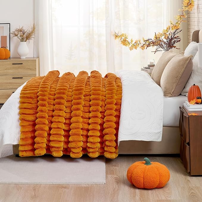 Cozy Bliss Faux Fur Throw Blanket for Couch, Cozy Warm Plush Striped Blanket for Sofa Bedroom Living Room, 50 * 60 Inches Burnt Orange