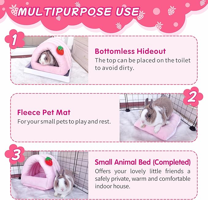 3 in 1 Guinea Pig Hideout Detachable, Warm Fleece Guinea Pig Bed Washable, Multipurpose Small Animal House Bed for Rabbit, Ferret, Hedgehog, Rat and Chinchilla Cage Accessories (Large, Pink)