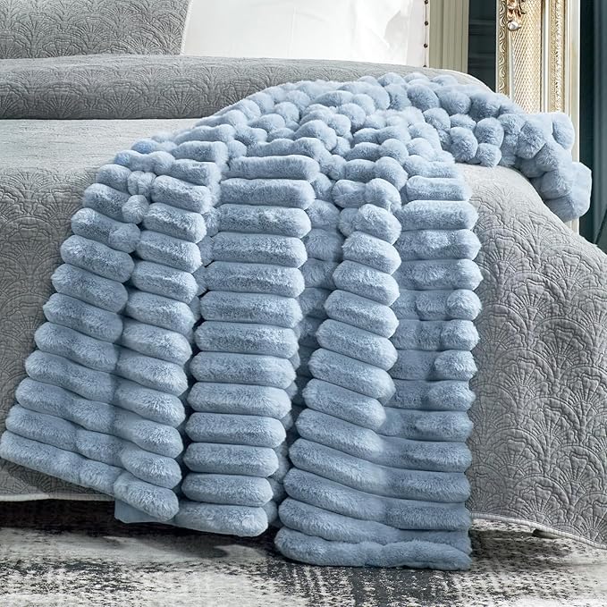 Cozy Bliss Faux Fur Throw Blanket for Couch, Cozy Warm Plush Striped Blanket for Sofa Bedroom Living Room, 50 * 60 Inches Light Blue