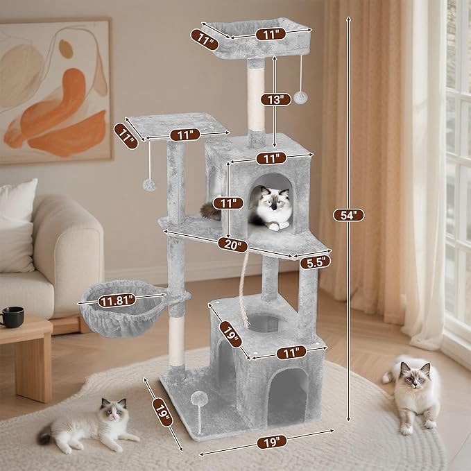 Cat Tree, 54-Inch Cat Tower for Indoor Cats,Plush Multi-Level Cat Condo with Scratching Posts, Basket, Perches,2 Caves,2 Pompoms (Light Grey)