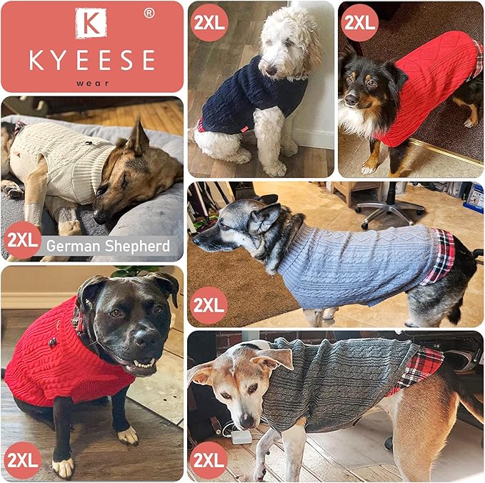 KYEESE Dog Sweater Stretchy Knitwear Pet Coat for Fall Winter Cold Weather Soft Pullover Dog Sweaters for Medium Dogs Girl Warm Turtleneck Medium Dogs Sweater with Gingham Patchwork