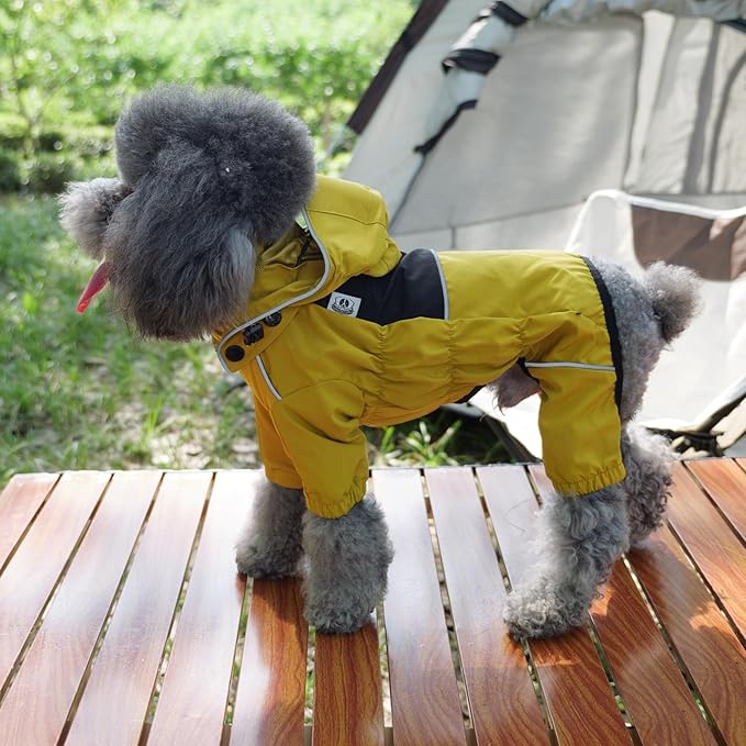LOVELONGLONG Fleece-Lined Dog Raincoat with Removable Hood – Waterproof Winter Full Body Dog Jacket – Windproof Snowproof Cold-Weather Suit – Yellow-F XL