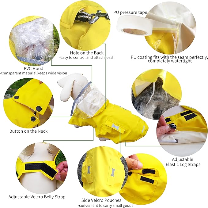 Waterproof Dog Raincoat, Adjustable Reflective Lightweight Pet Rain Clothes with Poncho Hood (XX-Large, Yellow)