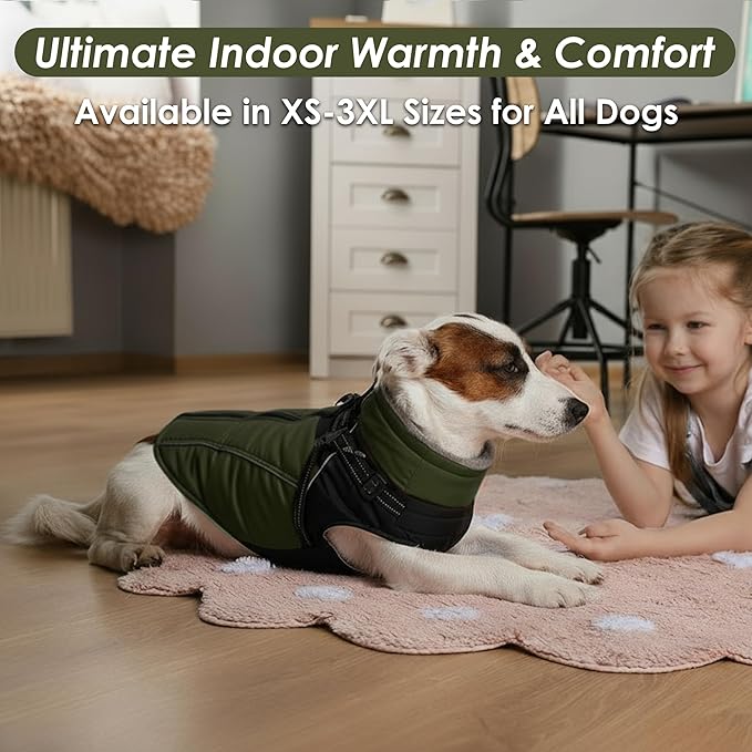 ASENKU Reflective Dog Coat with Built-in Harness, Windproof Fleece-Lined Dog Jacket for Small, Medium, Large Dogs, Warm Winter Vest with Turtleneck & Zipper (Green 3XL)