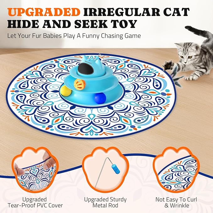 Interactive Cat Toy: 5 in 1 Automatic Cat Toy for Indoor Cats, Rechargeable Hide and Seek Toy with PVC Cover, Battery Operated Kitten Laser Toy with Feather Accessories Pack, Blue